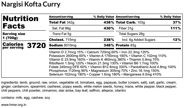 Nutrition Label of Nargisi Kofta Curry